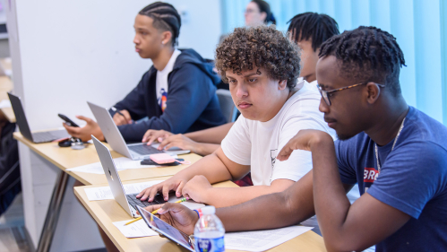 Students sitting at desk looking at computer
