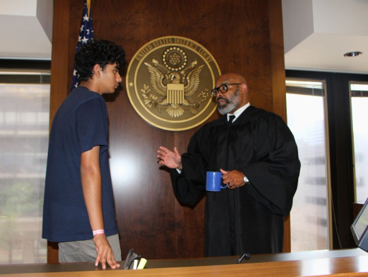 Student speaking to federal judge